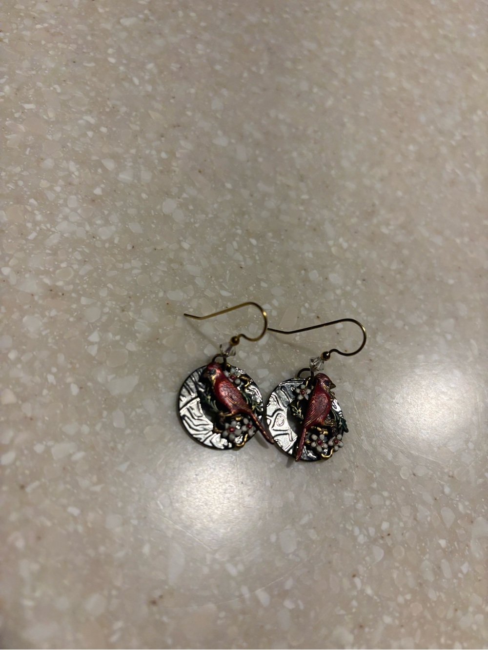 Silver frosted Cardinal with flowers earrings.